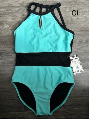 Girls Aqua and Black One-Piece leotard